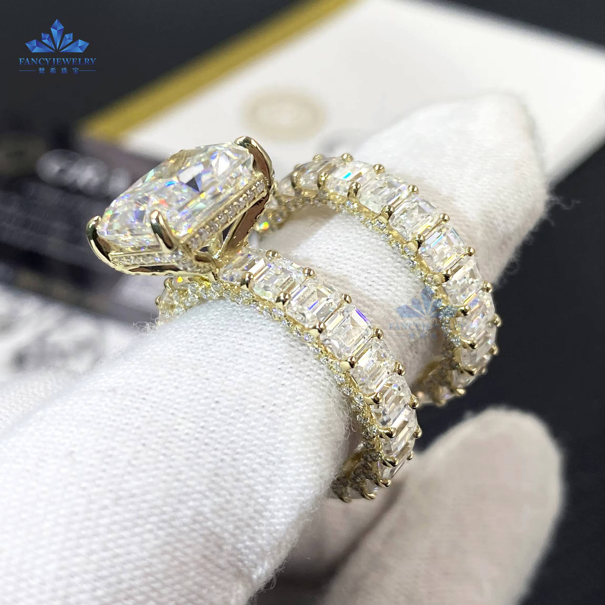 Factory Price 925 Silver Stackable Ring 3x4mm Emerald Cut and 5CT 9x11mm Radiant Cut Moissanite Ring Set for Engagement