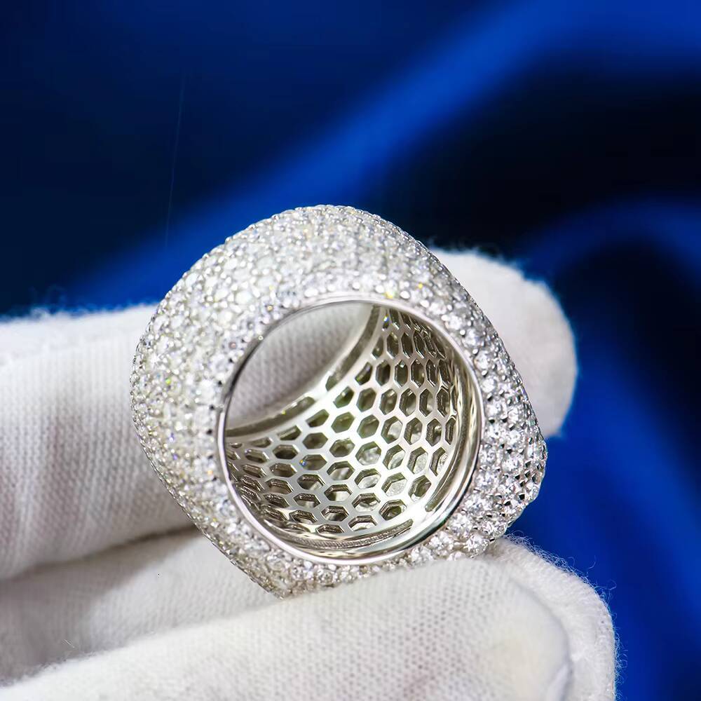 Custom Quality Luxury Full Crushed Iced Out Square 925 Sterling Silver Diamond Mossanite Moissanite Jewelry Ring Men Hip Hop