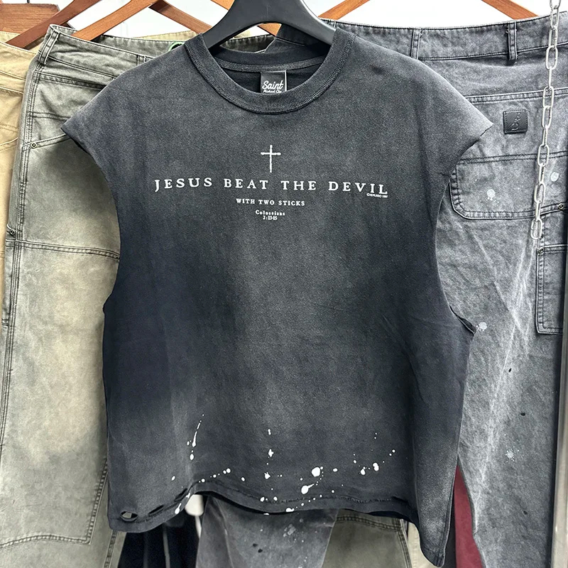 Print Tank Top Men Women Splashed Ink Vest Vintage Washed Black Damaged Hole Sleeveless T Shirt