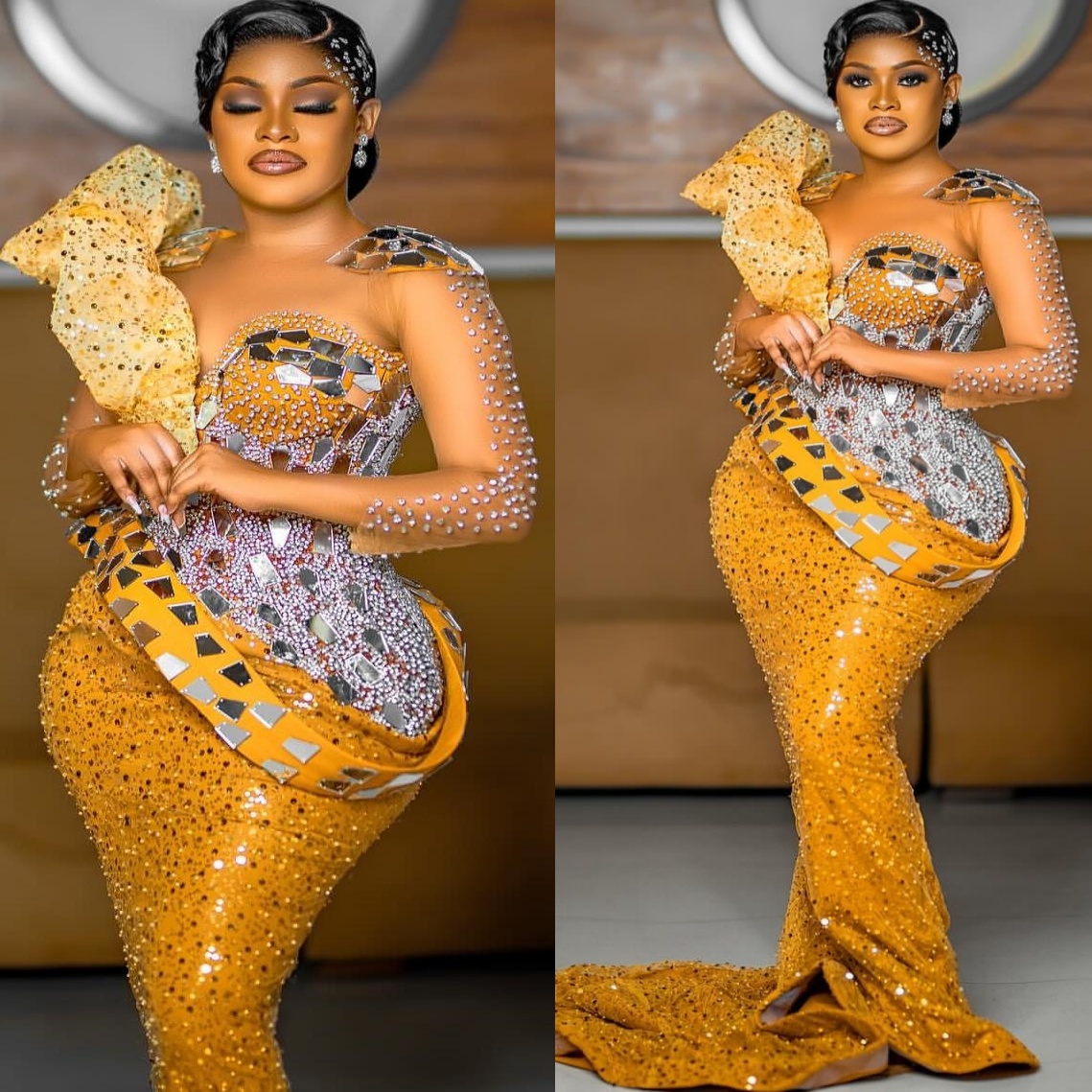 Aso Ebi Yellow Mermaid Prom Dresses 2025 Beaded Crystals Sequined Full Sleeves African Evening Formal Party Second Birthday Engagement Dress Gowns rob