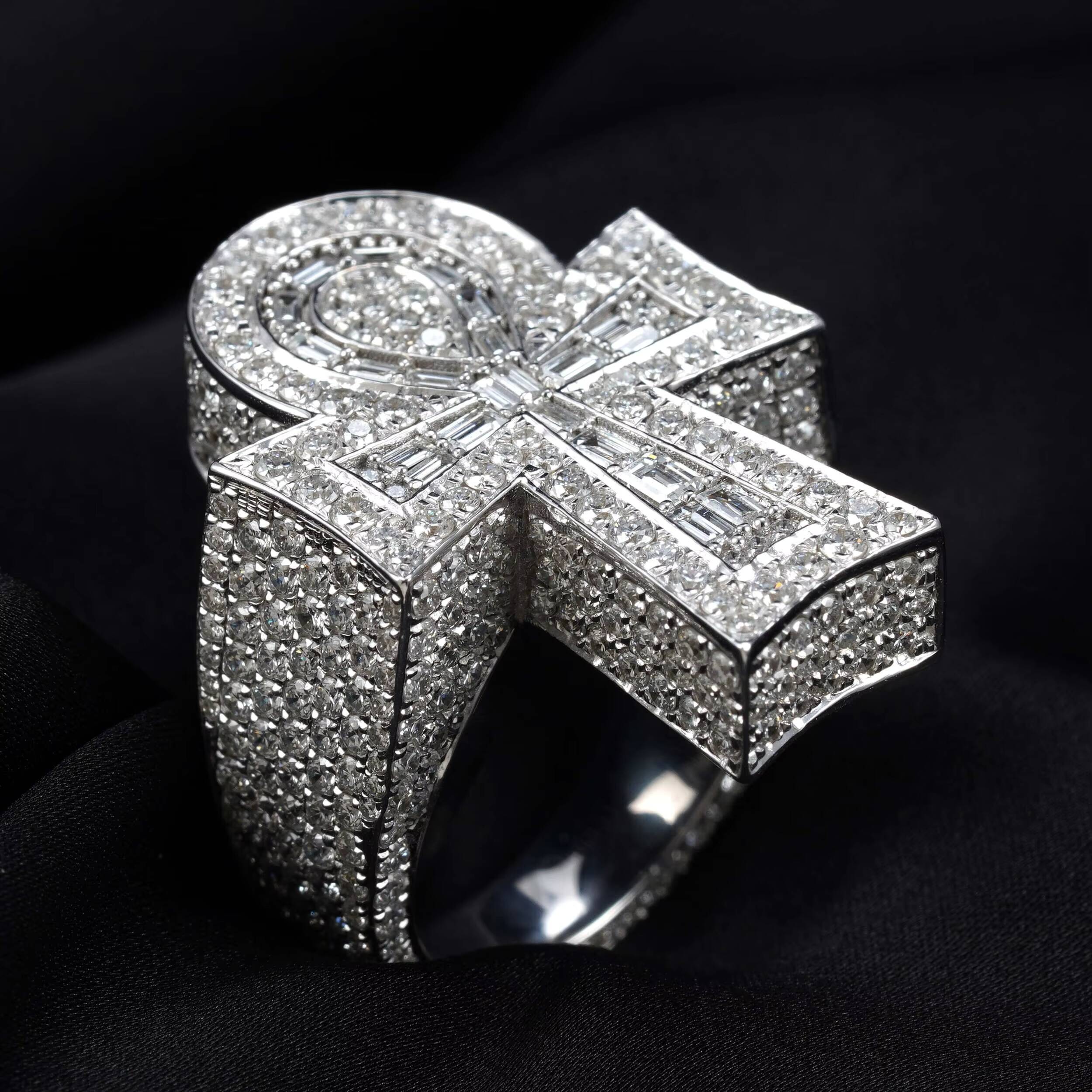 925 Sterling Silver VVS1 Lab Grown Diamond Ankh Cross Ring for Men Iced Out