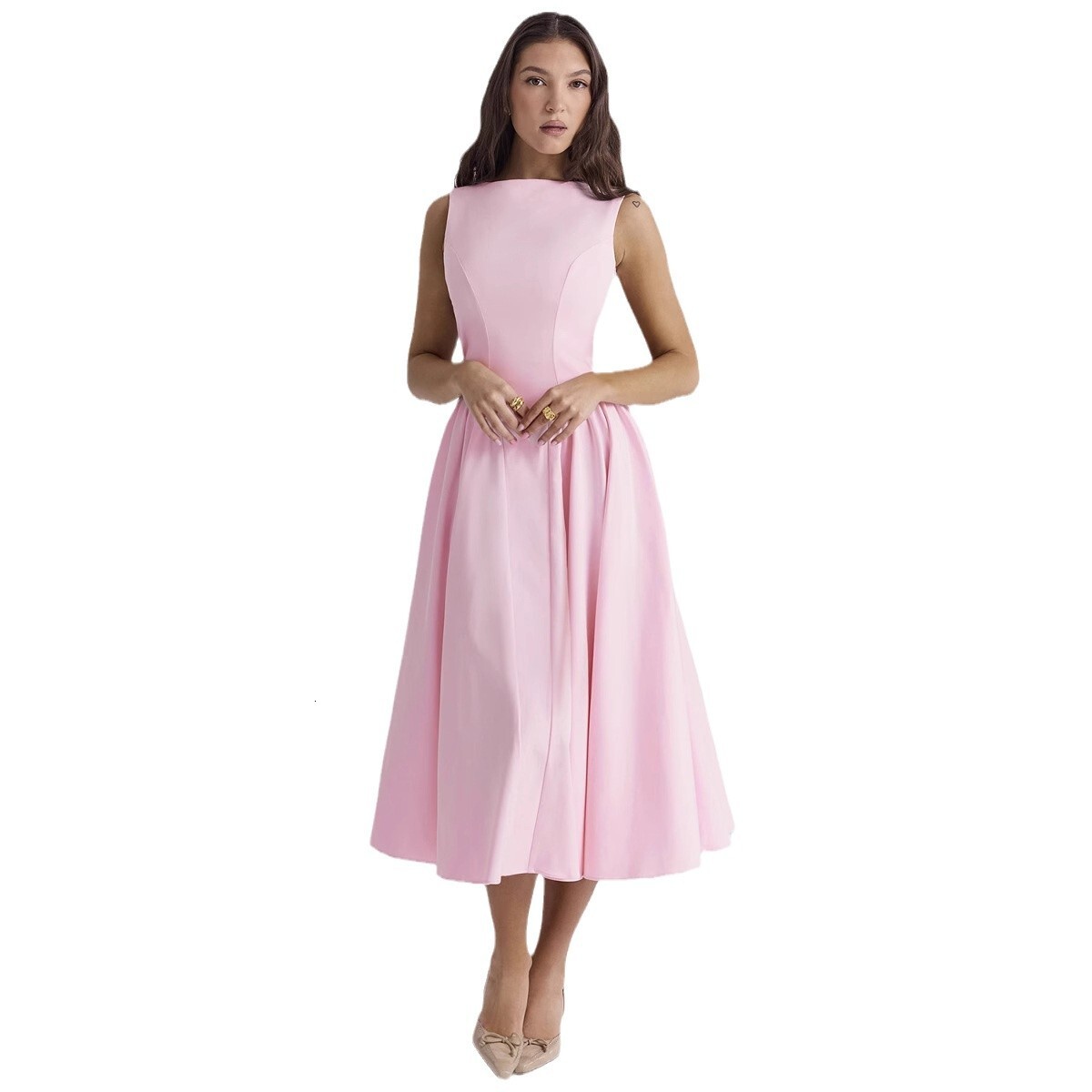 2025 Spring and Summer Womens New Round Neck Backless Solid Color HighEnd Fashion Dress