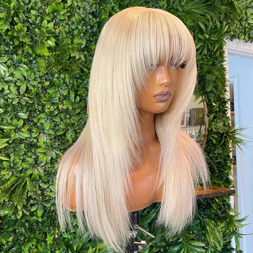 Straight Human Hair Wig Layered Cut Wigs with Bangs Sky Blue HD Lace Wig Glueless Wear And Go Lace Frontal Wig For Women Heat Resistant Wig