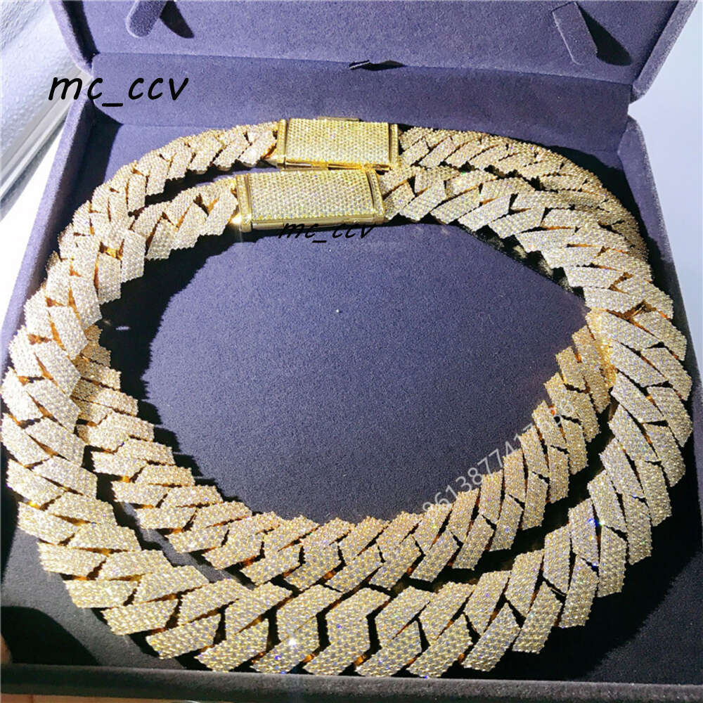 20Mm 4 Rows Hand Set Mens Necklace 10K Yellow Gold VVS Moissanite Diamond Cuban Link Chain