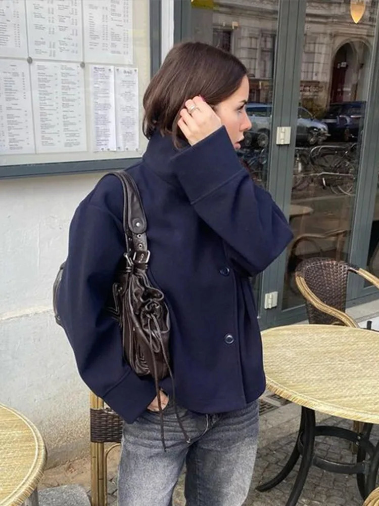Casual Solid Woolen Coat Loose Full Sleeve Single Breasted Stand Collar Short Jackets Female 2025 Autumn Lady Outwears 250905
