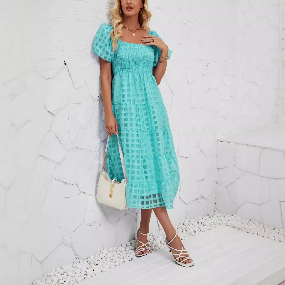 Summer Long Dress with Puff Short Sleeves Flowy Layered Beach ALine Dress with Lining for Women