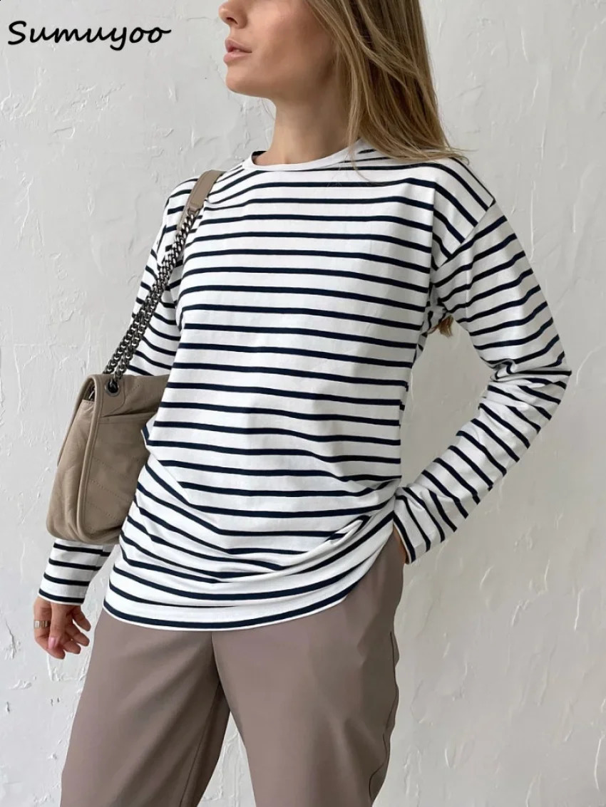 Sumuyoo Summer Long Sleeve Striped TShirts Women Basic Casual Tops Female Cozy Loose Cotton Tees Harajuku T Shirt 250905