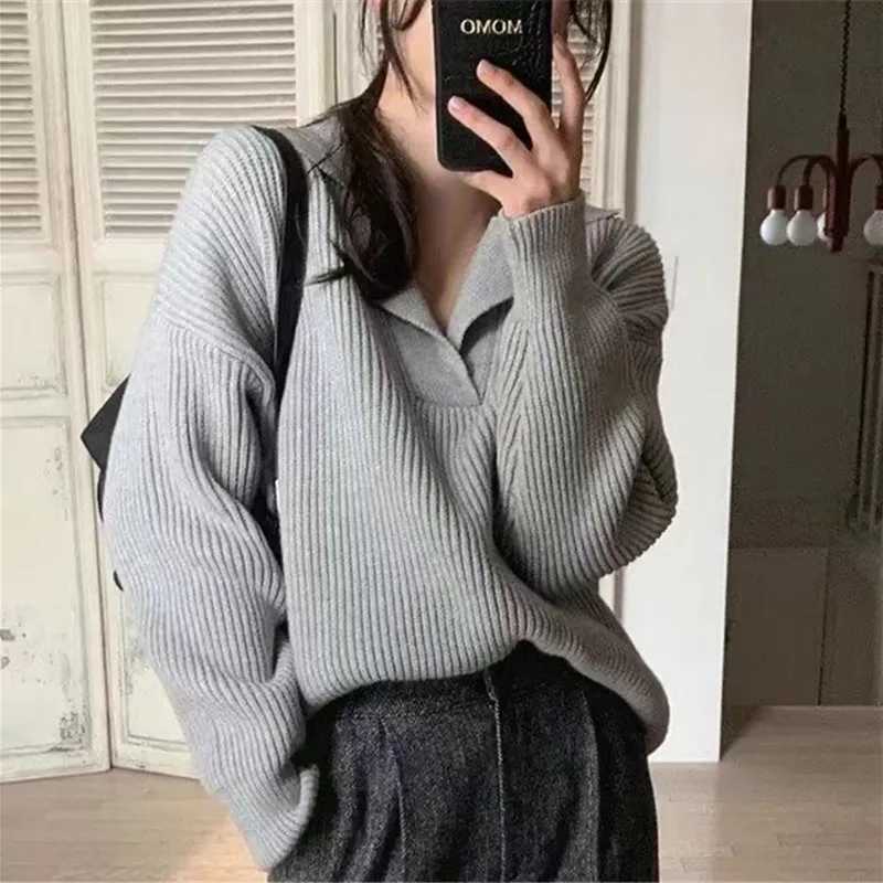 Solid Color Korean Collar Long SLeeve Womens Knitted Sweater Autumn Winter Sweet Casual Versatile Soft Loose Pullover Tops Z250905