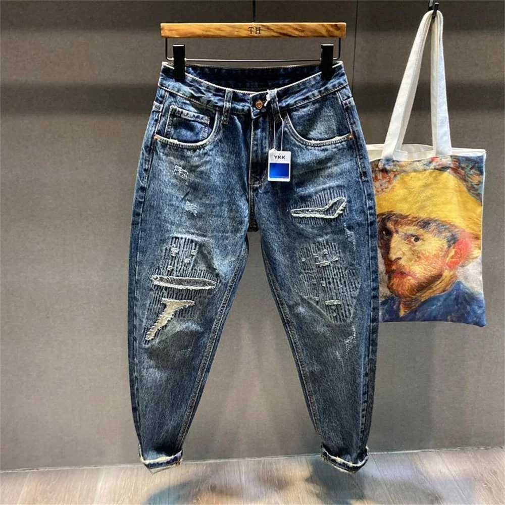 Ripped Jeans Men Dark Gray Stretch Capris Pants Distressed Casual Harem Pants Hip Hop Patched Ankle Length Trousers Jeans Brand W250905