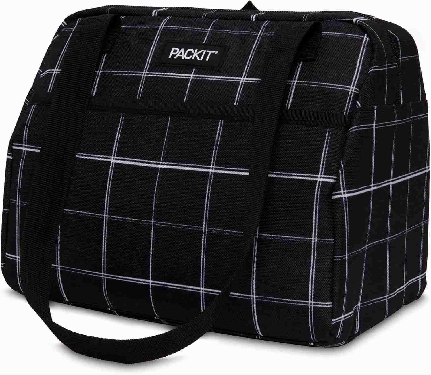 PackIt Freezable Hampton Lunch Bag Black Grid Built with EcoFreeze Technology Collapsible Reusable Zip Closure with Front Pocket and Shoulder Straps P