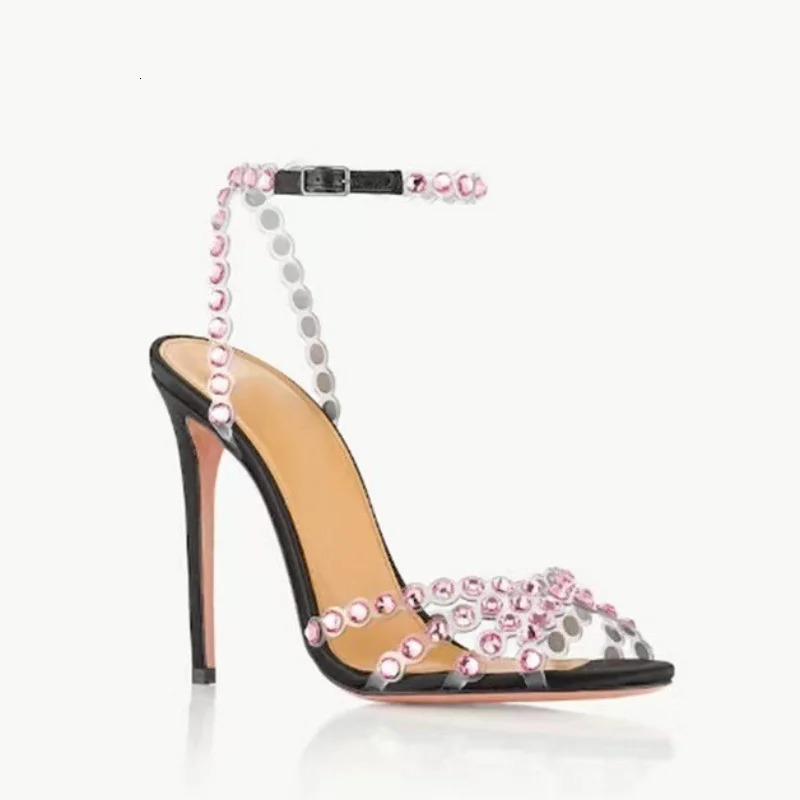 Full Colorful Rhinestones PVC Strap Women Sandals Peep Toe Buckle Belt Sandales Talons Stiletto High Heel Banquet Pumps Female 250905