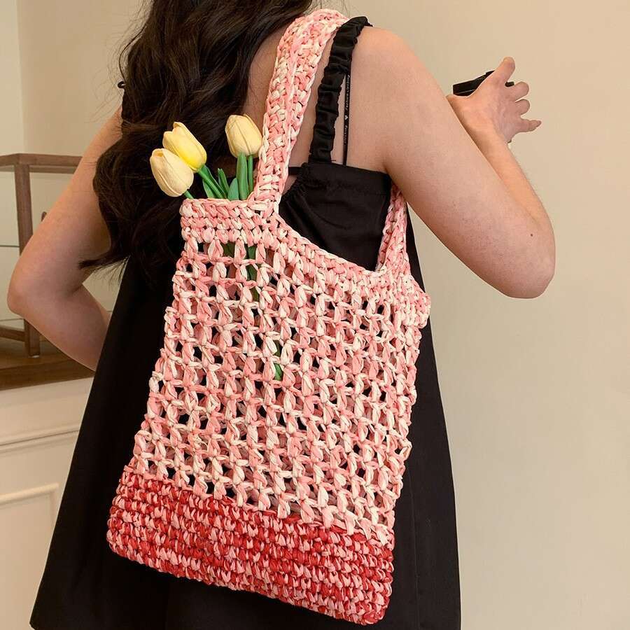 2025 New Simple Single Shoulder for Women, Hollow Crochet Straw Bag, Woven Handbag, Beach Vacation Women's Bag