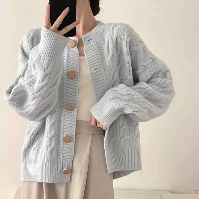 Korean Fashion Long Sleeve Womens Cardigan Knitted Jacquard Sweater Autumn Winter Solid Single Breasted Loose Versatile Tops Z250905