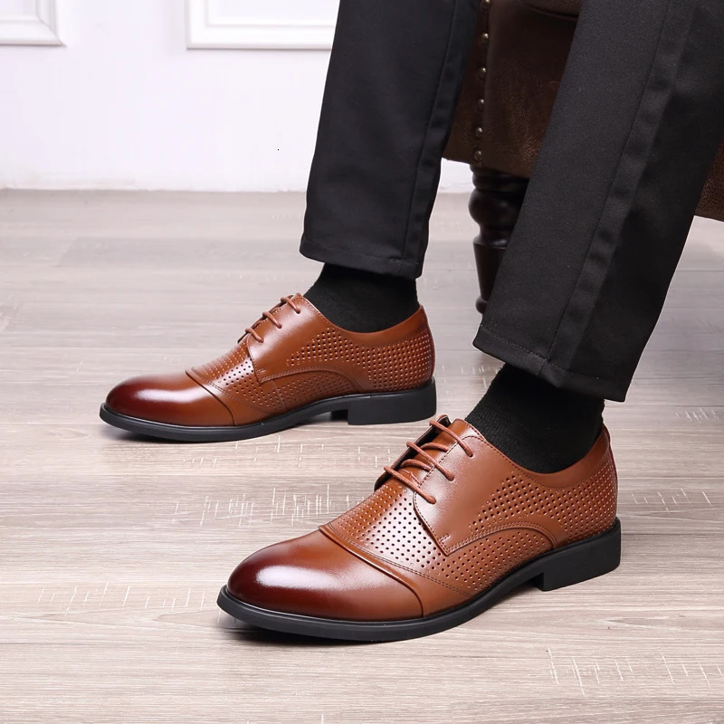 Flat 6CM Genuine Leather Men Formal Elevator Shoes Wedding Business Height Increase Lift Shoes Invisible Summer Hollow Wedding 250903