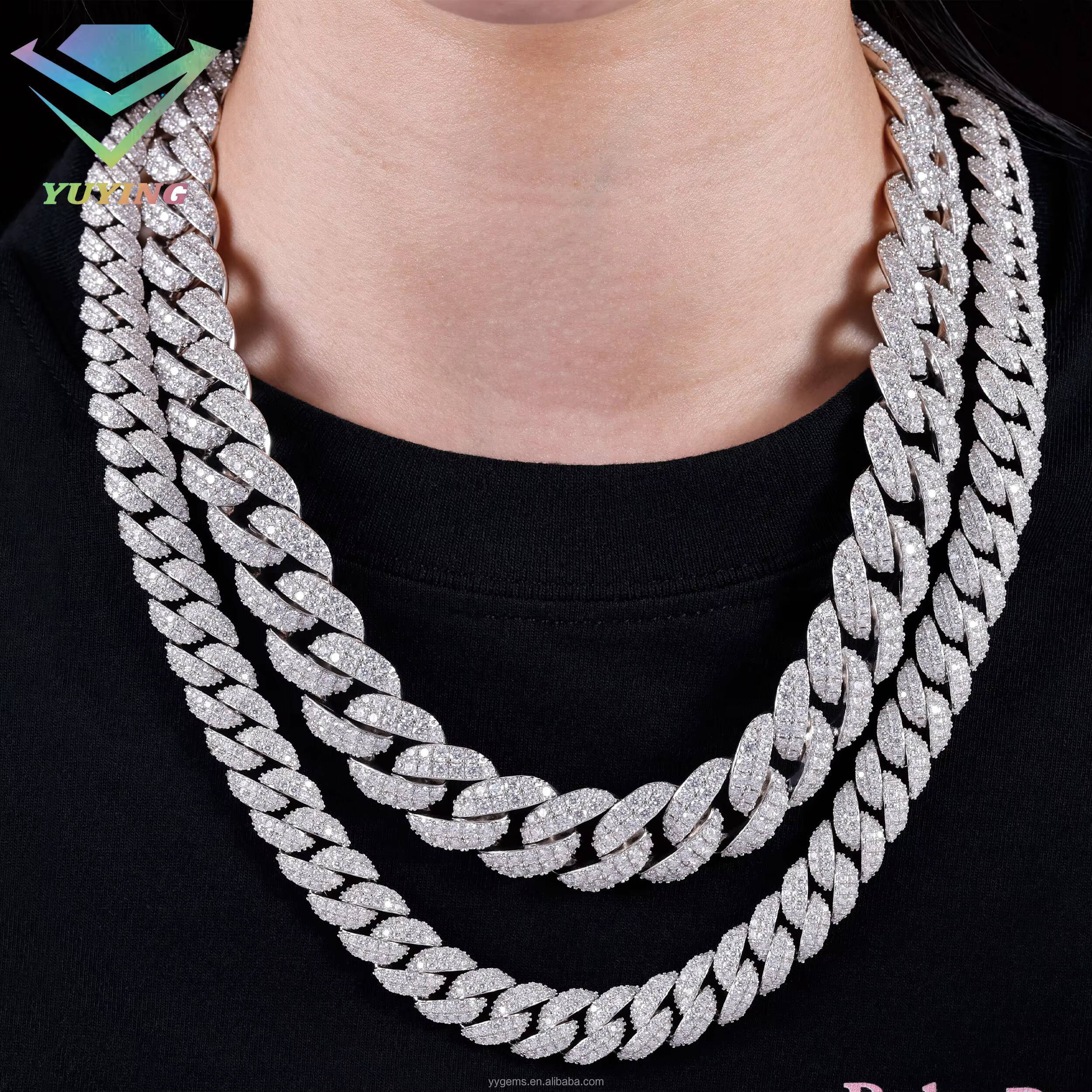 Full Ice Out Mossanite Cuban Chain 2rows 16mm 18mm 925 Sterling Silver Chain Hip Hop Necklace VVS Moissanite Cuban Link Chain