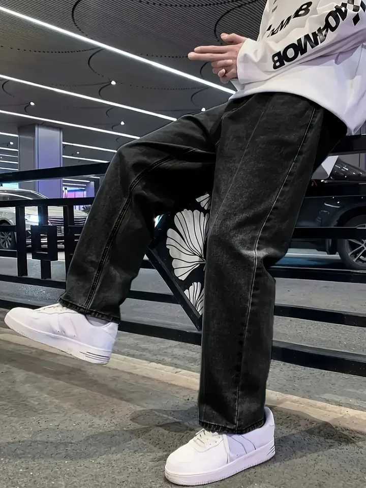 Mens Loose Fit Straight Leg Jeans 65 Cotton 35 Polyester Blend Dark Gray Casual Washed Jeans 390gsm Heavyweight Fabric A W250905