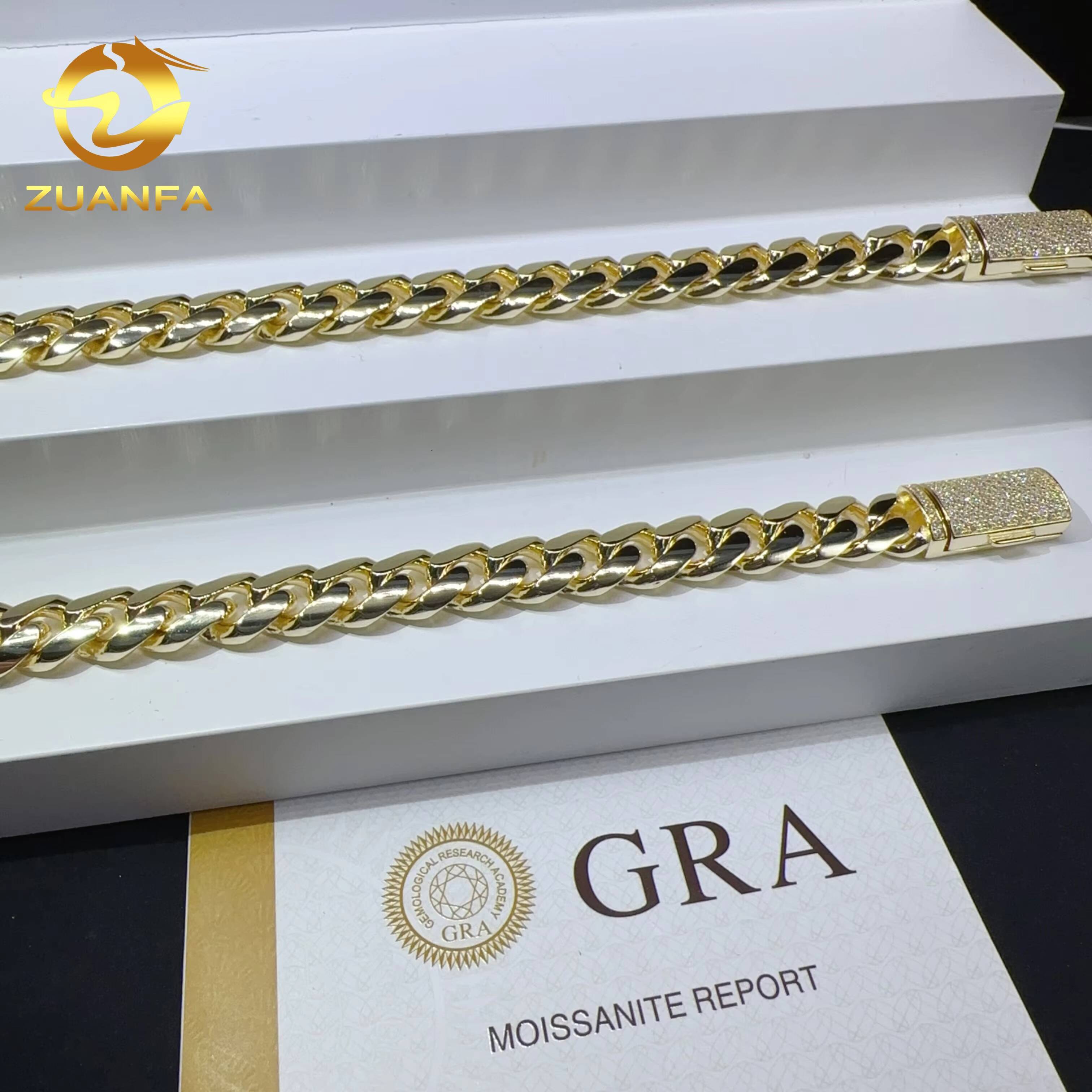 Hip hop real gold plated 12mm width bracelet 925 sterling silver fashion jewelry miami vvs moissanite plain cuban link bracelet