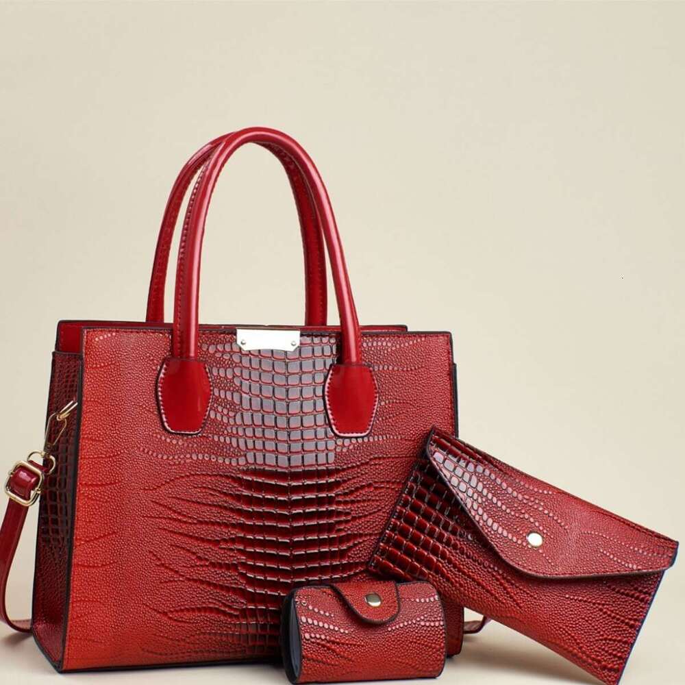 New Simple Lizard Texture Capacity Three-Piece Set Solid Color Versatile Stylish Women's Large Bag