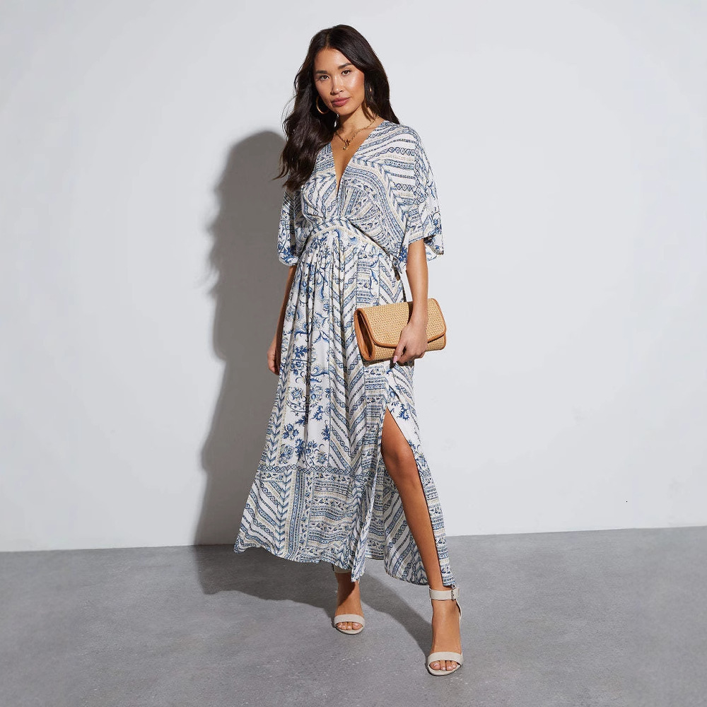2025 Womens Spring Summer Printed Long Sleeve Vneck Dress