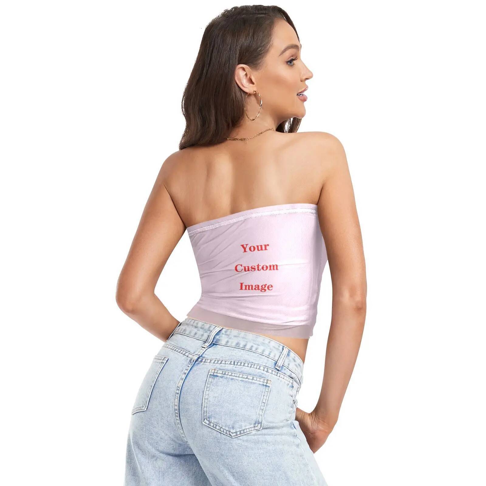 Womens Sexy Strapless Off Shoulder Crop Tube Top Customized images Stretchy Bandeau Seamless Casual Basic Breast Wrap