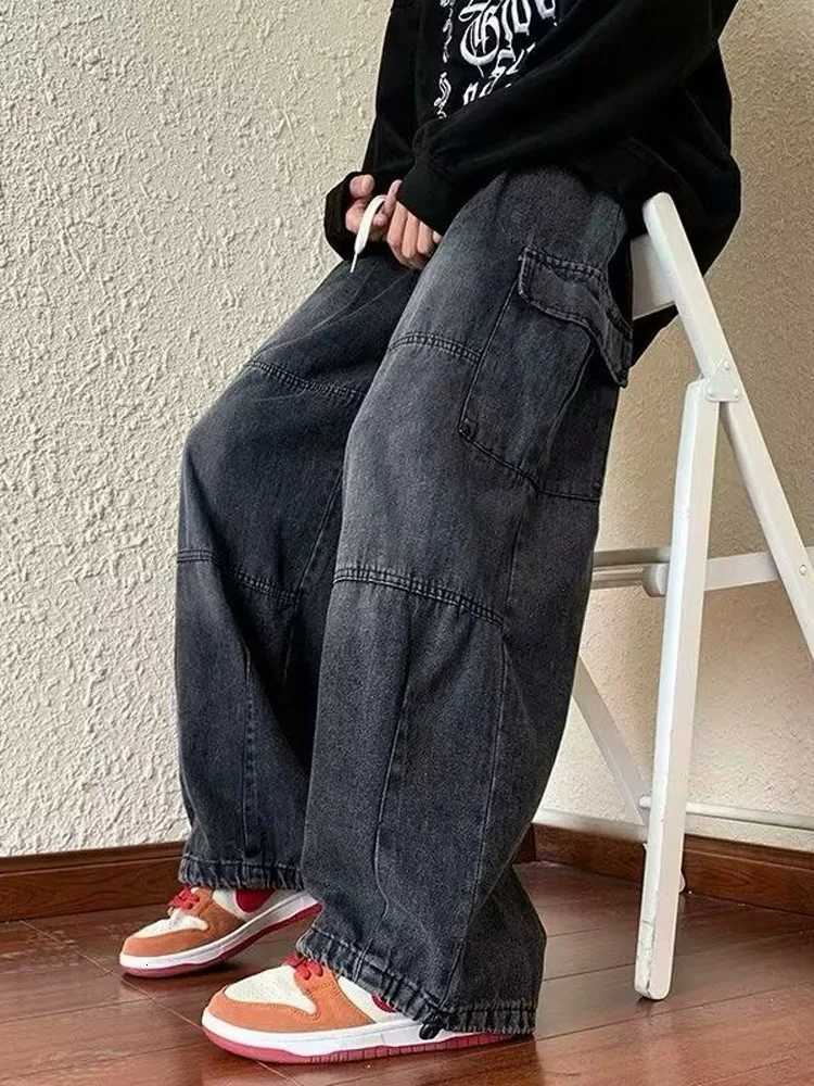 Denim Trousers For Men Adjustable Drawstring Y2k Versatile Baggy Cargo Jeans Mens Hippie Jogging Wide leg Pants Male Streetwear W250905