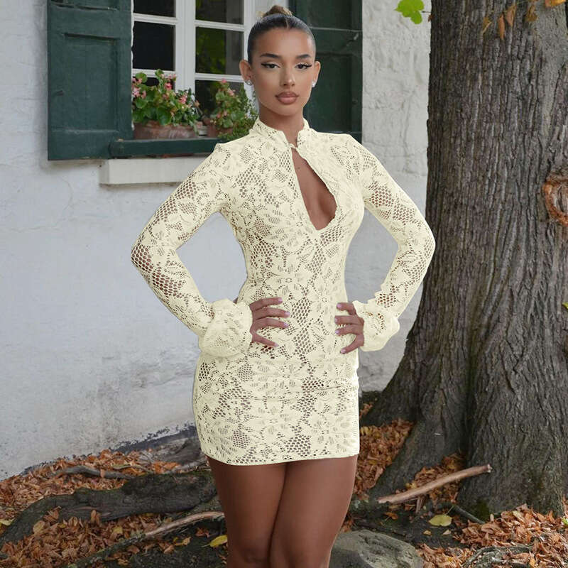 Women's Fashion 2025 Summer New Fashionable Sexy Lace Hollow Out Bodycon Fld Sleeve Dress