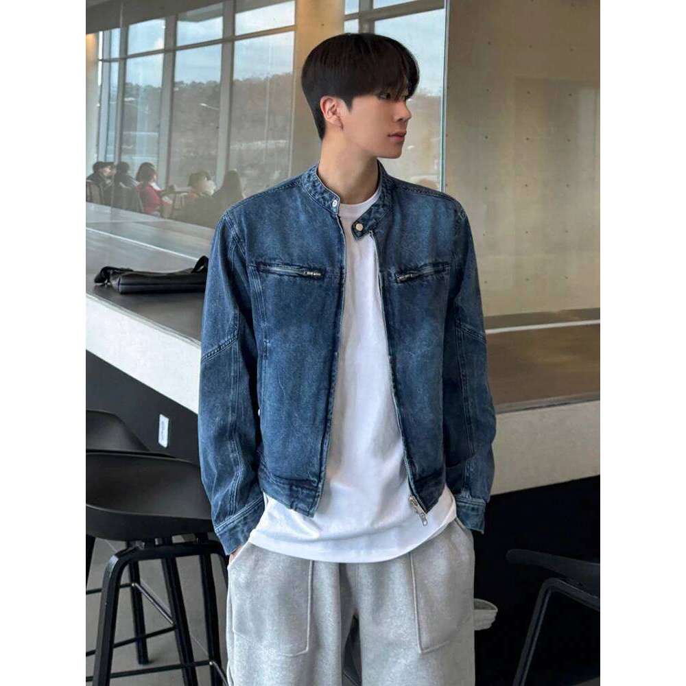 SYUHGFA Korean High Street Men's Denim Jackets Stand Collar Zipper Loose Solid Color Male Short Coats Tide 2024 Autumn
