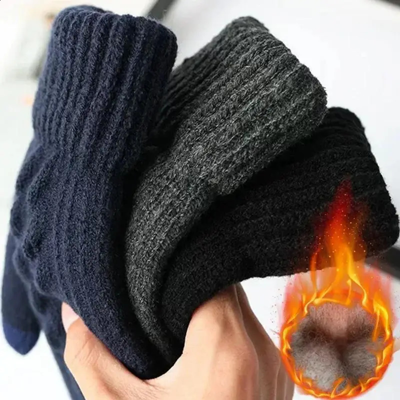 Mens Warm Full Finger Gloves Winter Touchscreen Plus Fleece Gloves Woman Thickening Wool Knitted Cycling Driving Gloves 250904