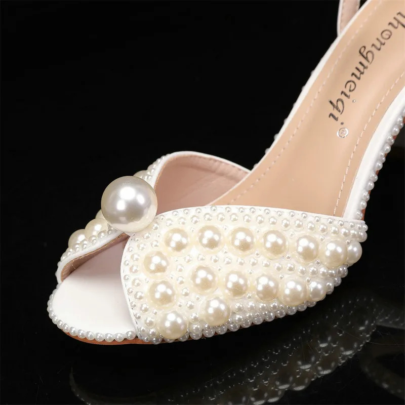 High Heels Thick Heel Shallow Mouth Womens Pearl Sandals Wedding Shoes Bridesmaid 250905