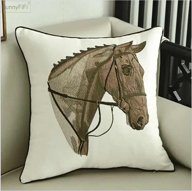 Luxurious China Art Horse Embroidery Cushion Cover Home Decoration Cotton Canvas Geometric Pillow Cover 45x45cm Sofa PillowCase D2509051