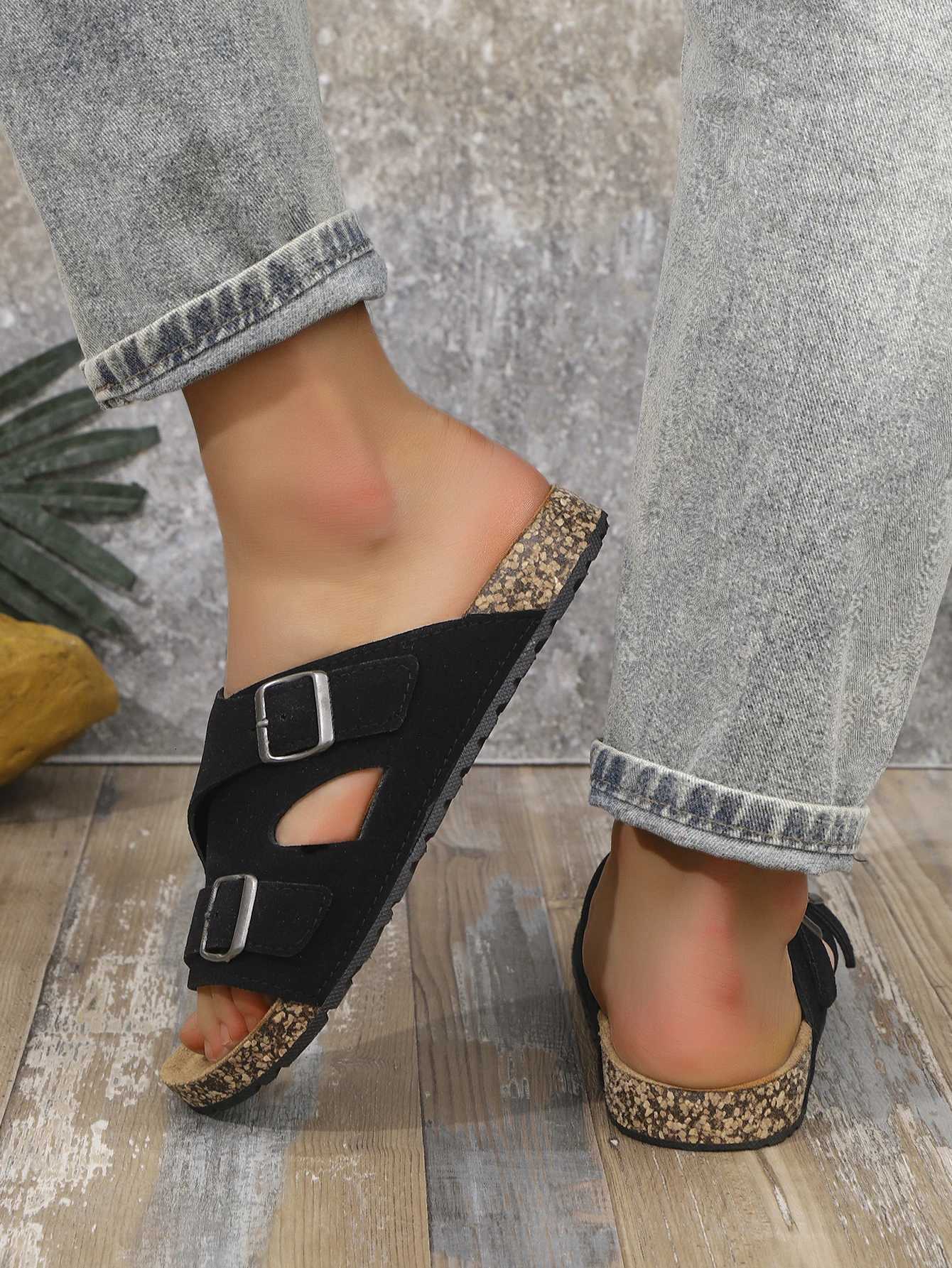 Mens Casual Simple Buckle Adjustable Set with Suede Upper Wood Grain SoftSoled Slippers W250905