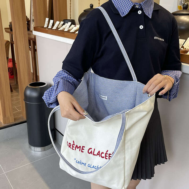 New Reversible Striped Shoulder Large Capacity Tote High-Quality Embroidered Student Canvas Commuter Bag