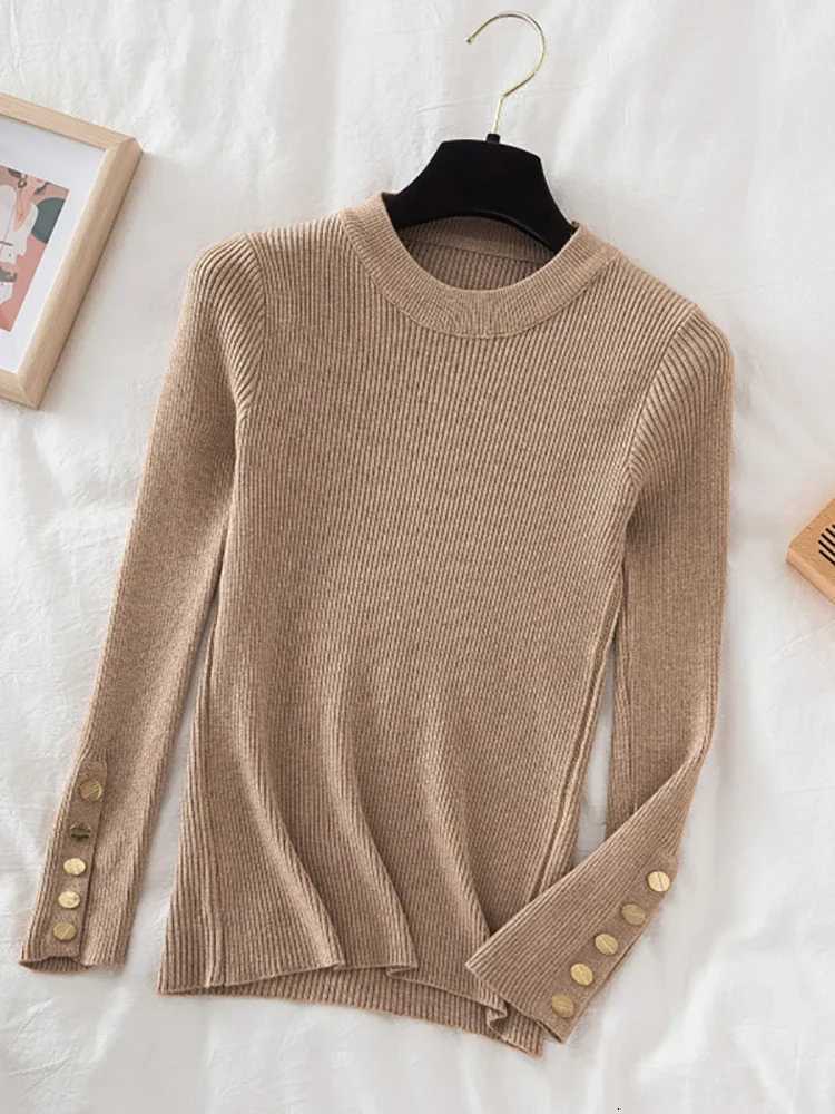 2024 women thick sweater pullovers khaki casual autumn winter button oneck chic sweater female slim knit top soft jumper tops Z250905