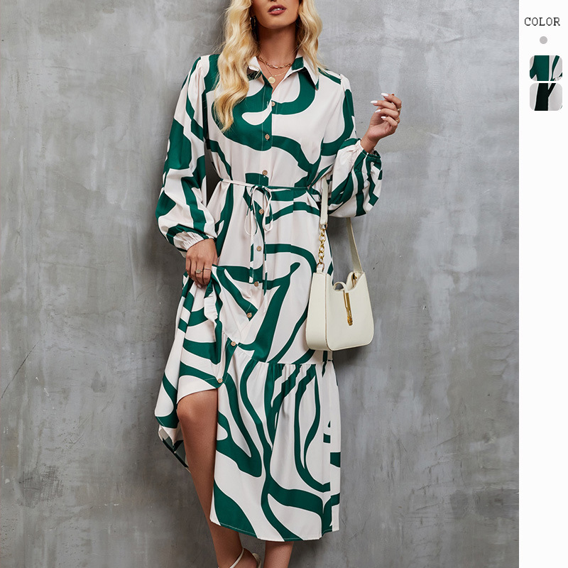 Womens Spring and Autumn Fashion Printed Casual Loose Laceup Shirt Dress