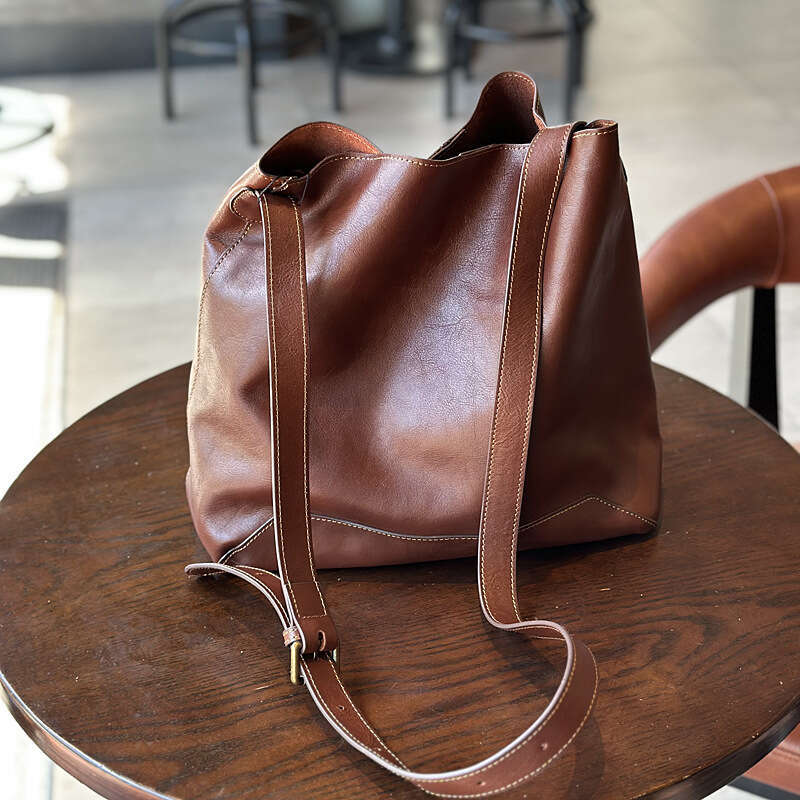 Korean Style Bucket Genuine Leather Women's Vegetable Tanned Tote Large Capacity Cowhide Shopping Single Shoulder Crossbody Bag