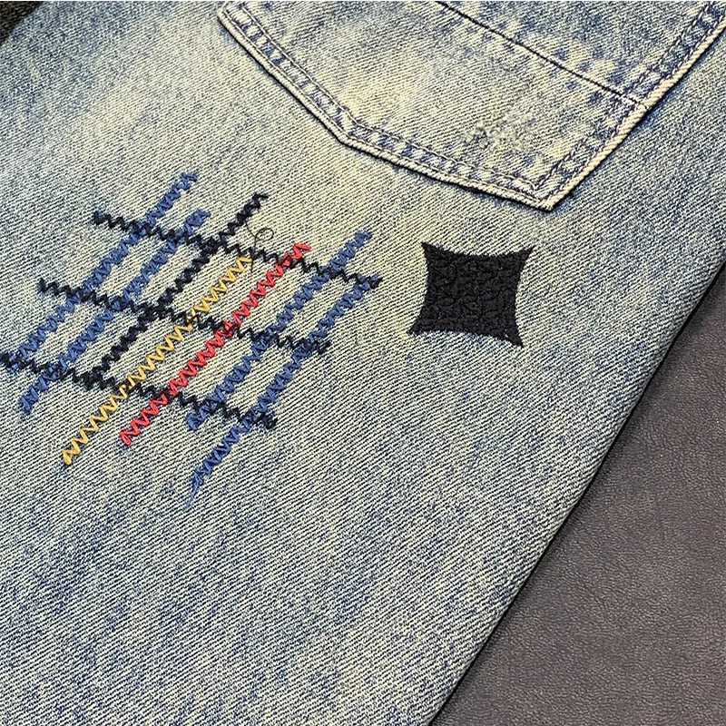 Washed and Scratched Cowboy Handsome and Trendy Sticky Fabric High end Embroidered Printed Loose Straight Tube Long Pants W250905