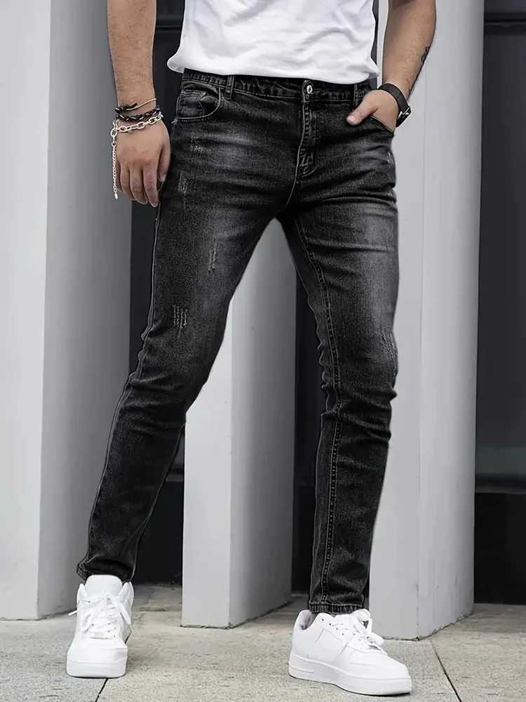 2025 Mens Slim FourSeason Washed Fashion Jeans Stretch Slim Fit Light Blue Gray Black Casual Denim Pants W250905