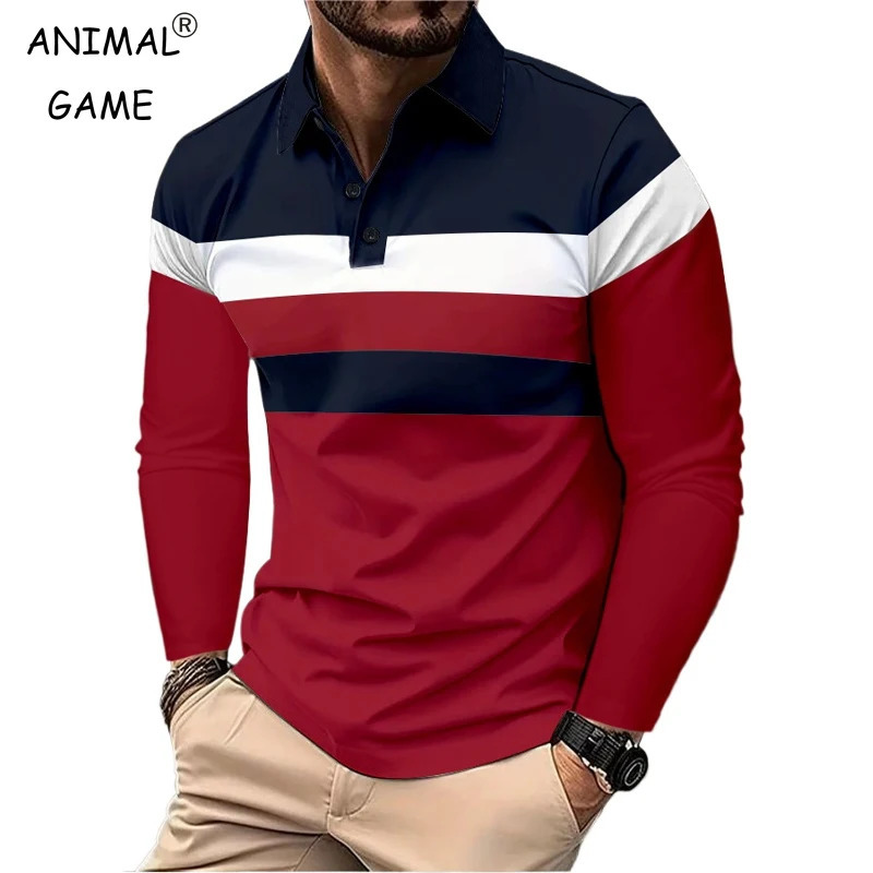 Sweatwear Mens Long Sleeve Lapel Breathable Shirts for Men Polo Homme Basic Large Top Splice T Shirt 250905