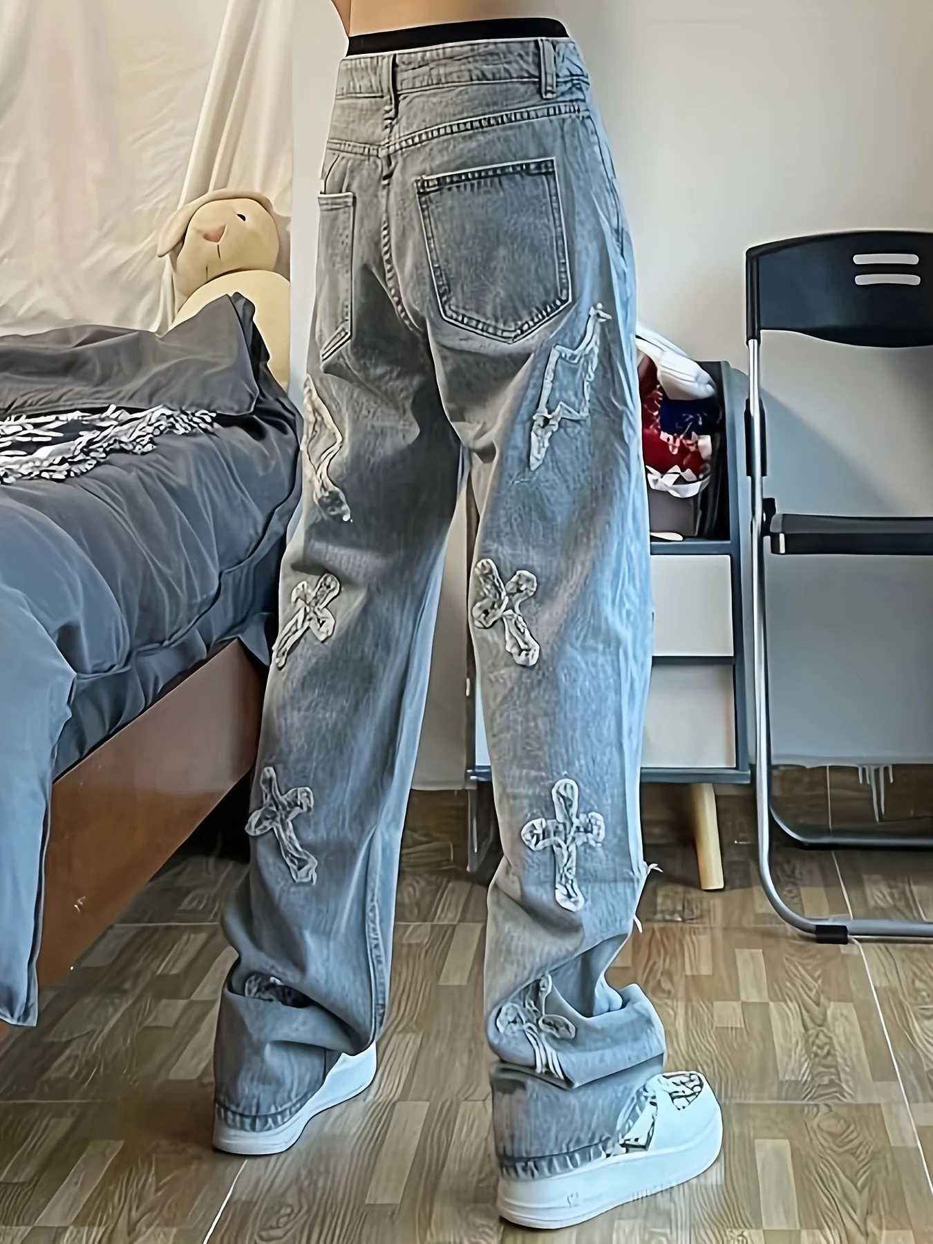 Mens jeans patch lightning jeans mens loose jeans wornout jeans W250905