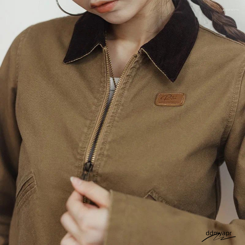 Bomber Ladies Women's Khaki Canvas Workwear Jacket With Turn-Down Collar ddmyday - Slim Fit Lightweight Spring Autumn Coat ddmyday ddmyday ddmyda