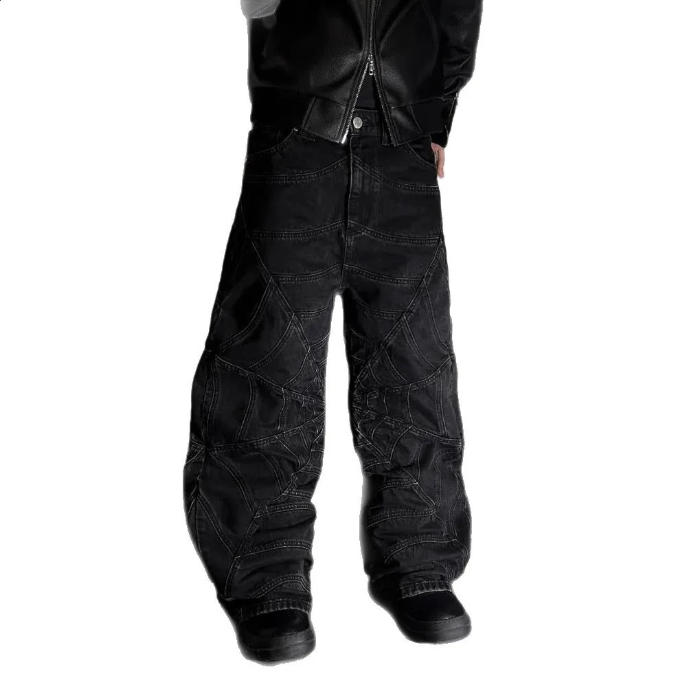 Vintage Black High Street Jeans for Men Hip Hop Spider Web Striped Printed and Women Waisted Washed Baggy 250904