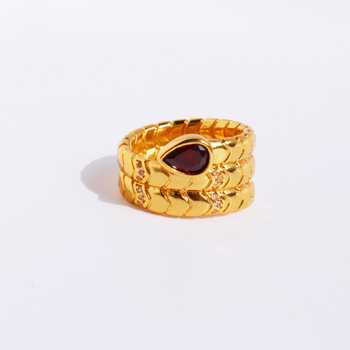 Fashionable Trendy Emerald Wine Red Water Drop Zircon Snake Wide Band Ring 874