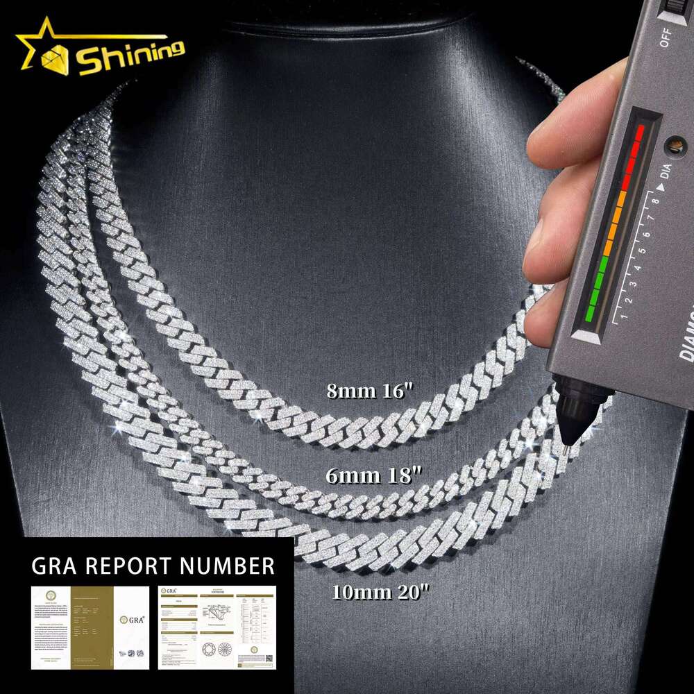 RTS Pass Tester Sier 6mm 8mm 10mm Two Rows Iced Out Hip-Hop VVS Moissanite Cuban Chain