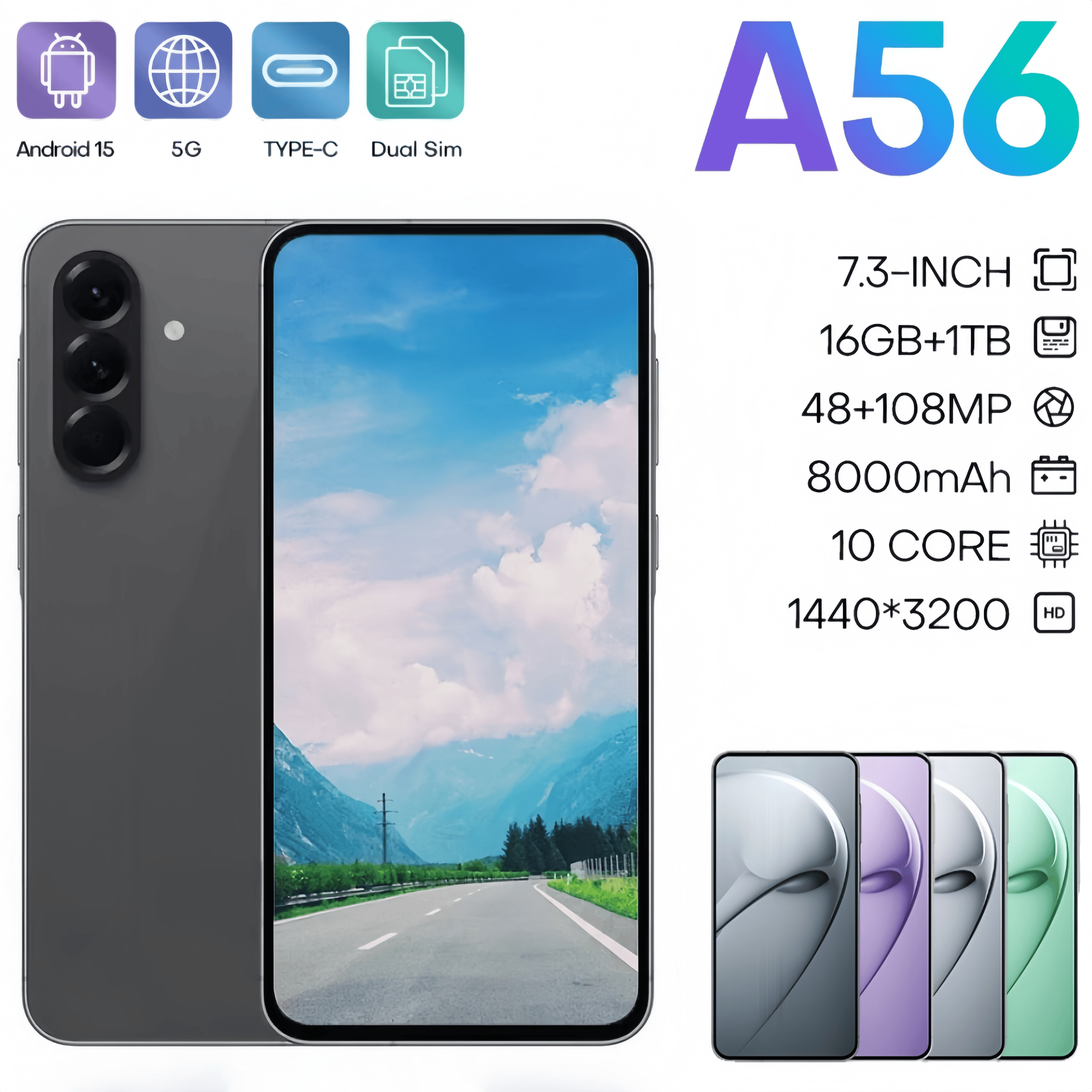 A56 mobile phone card dual standby 5G 12GB+512TB 7.4 HD display 32MP+64MP camera facial recognition fingerprint unlock Sealed box Android
