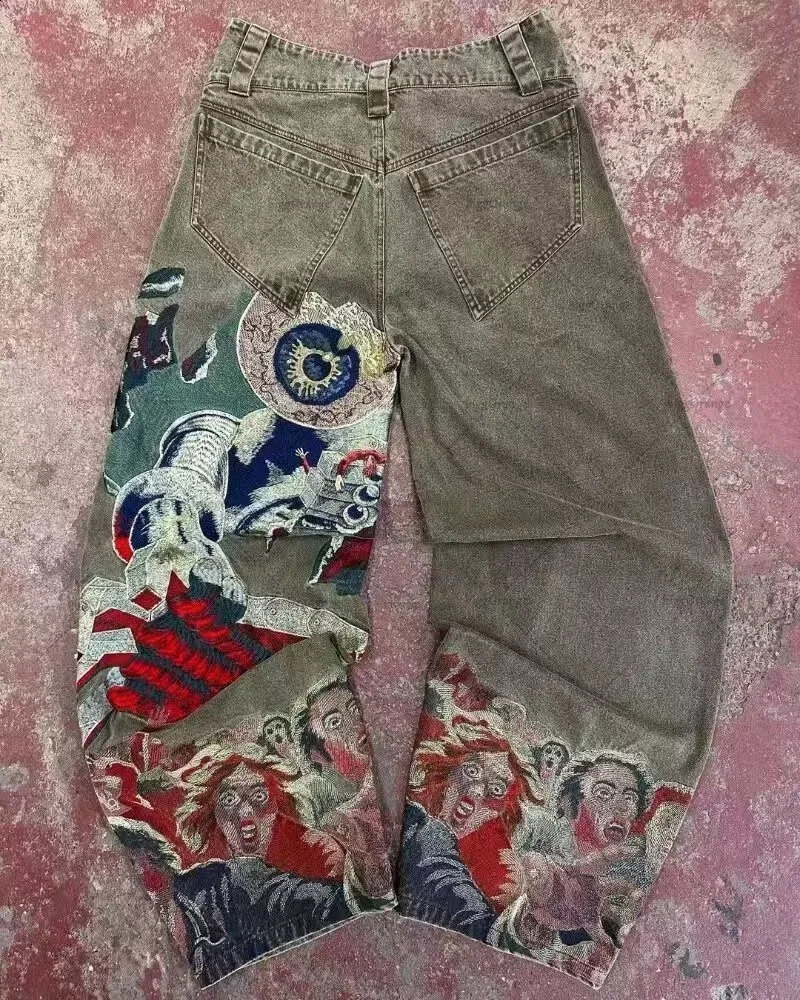 Y2K High Street retro hiphop punk men wideleg jeans American Goth Harajuku highwaisted personalized casual loose pants 250823