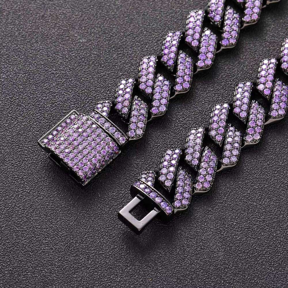 Black 15mm Full Purple Lab Dia Bling Prong Moissanite Cuban Link Hip Hop Geometric Trendy Gift Chain