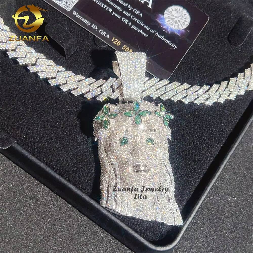 Hot Selling Hip Hop Blue Green Diamond 3D Custom 25 Tall Iced Out Silver Moissanite Jesus Pendant