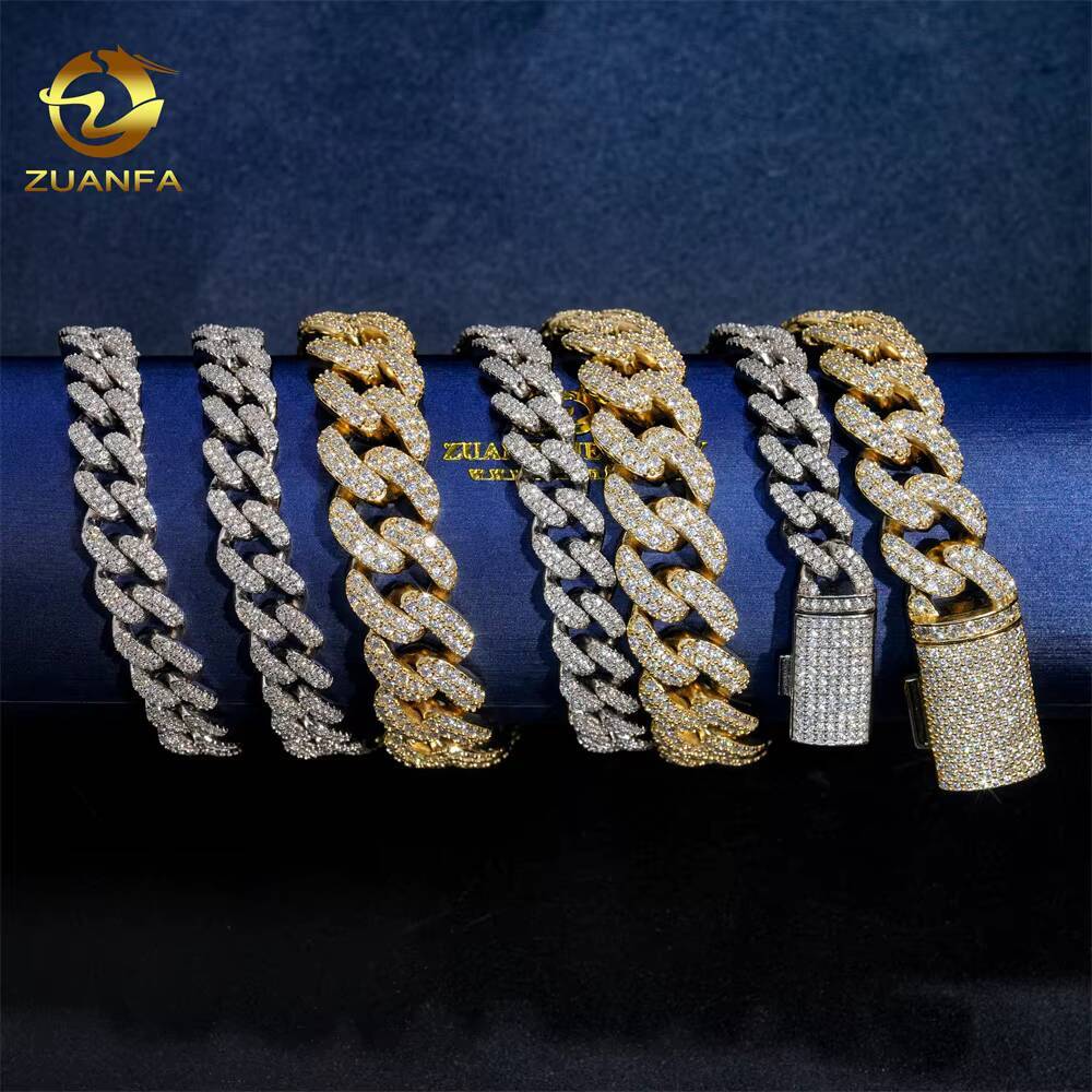 Yellow Gold White Gold Over Silver 10mm 18mm Iced Out SOLID Miami Cuban Link VVS Moissanite Iced Out Diamond Cuban Link Chain