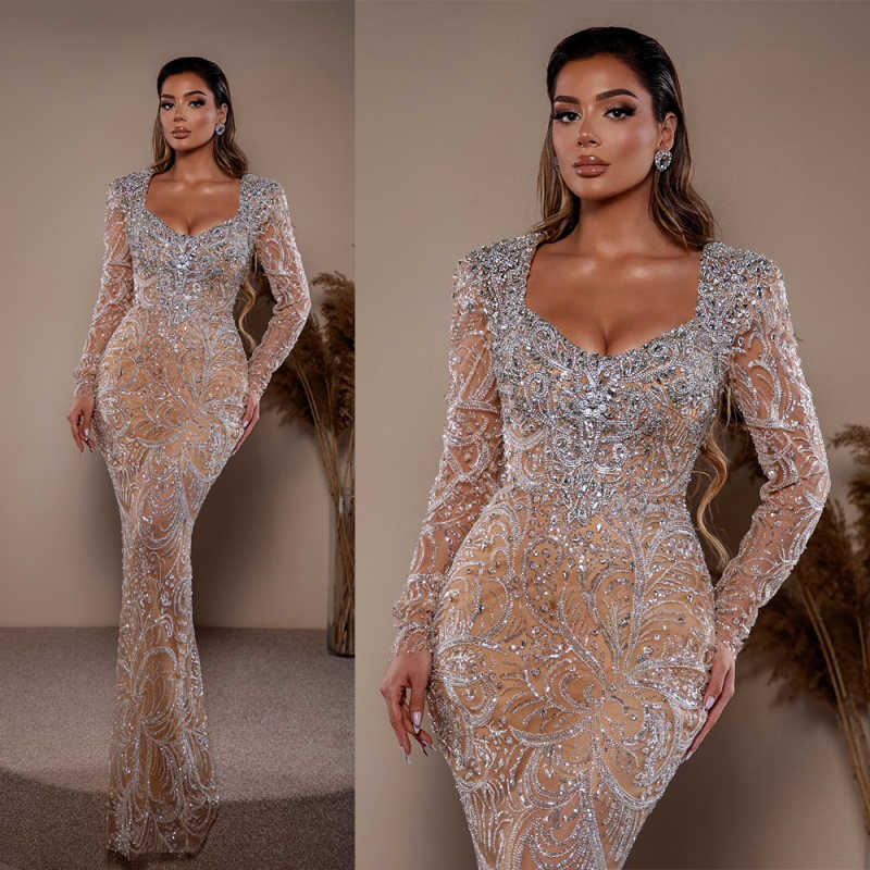 Sexy Crystal Sequined Mermaid Evening Gown Elegant Full Sleeve Lace Prom Dress Floor Length Party Gown Customized