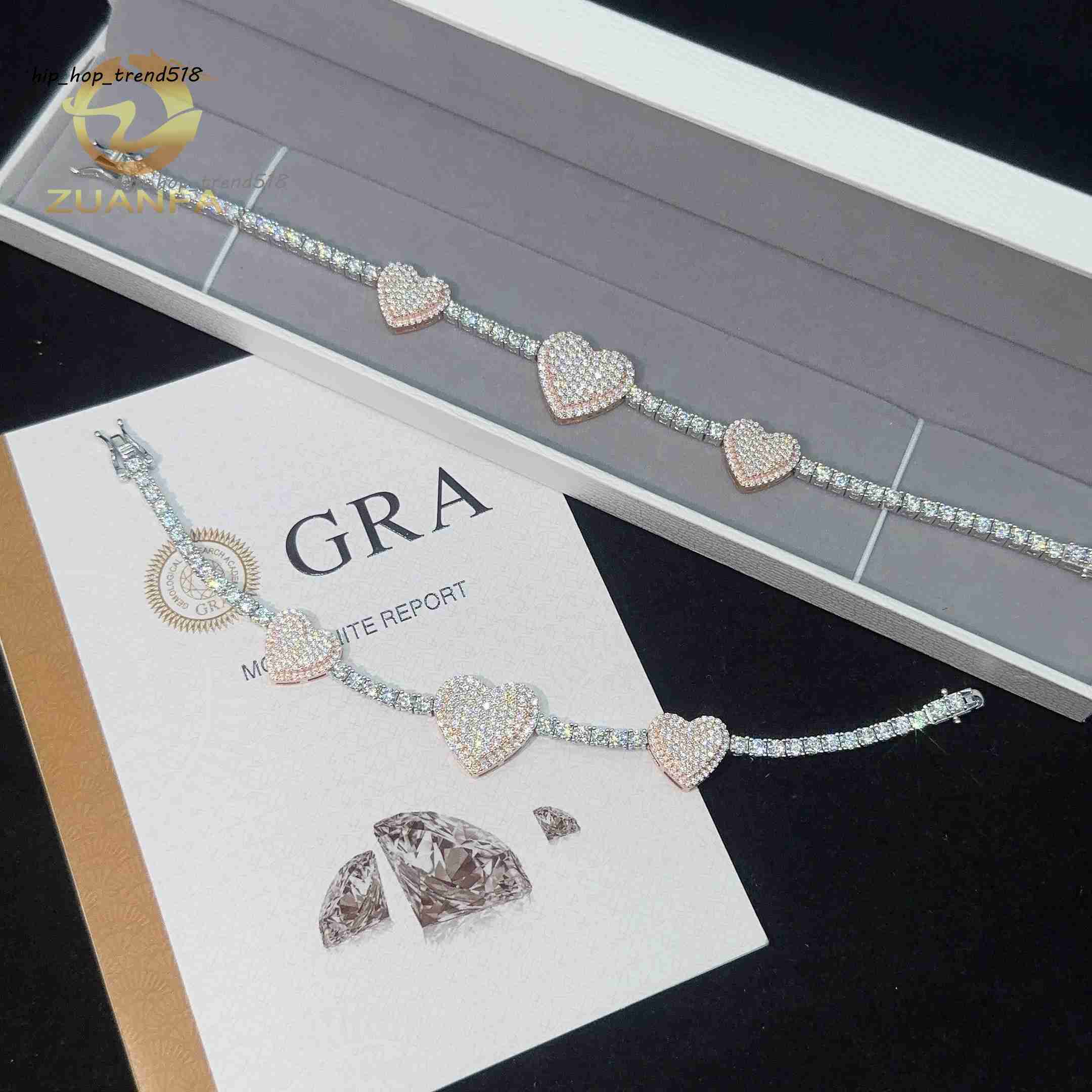 Trendy Rapper Hip Hop Jewelry VVS 3mm Moissanite Tennis Chain Bracelet With 3 Heart Silver 925 Iced Out Bracelet Best Gift